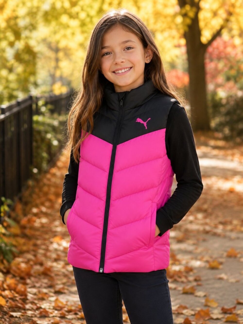 Puma Puffer Vest Full Zip Pink & Black Youth SZ M (10/12)